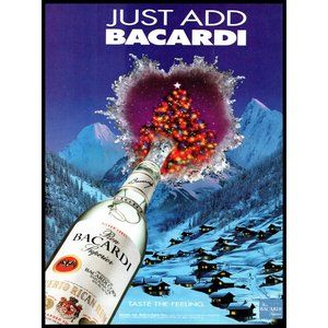 1995 Bacardi Rum Christmas Tree Alpine Village Mountains Vintage Print Ad Art